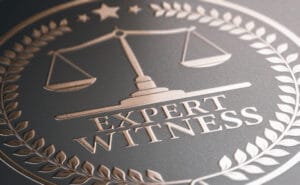 3D illustration of a golden stamp where it is written the text expert witness. Legal expertise. LNC